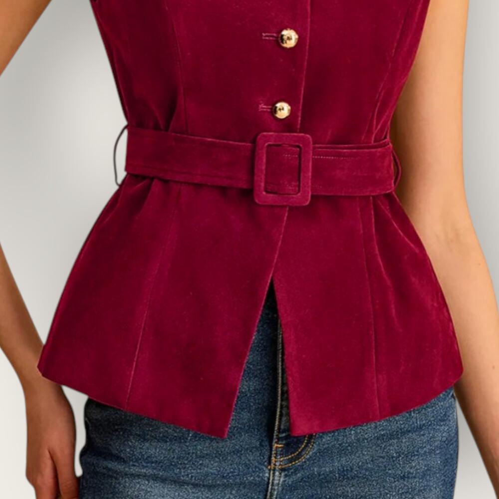 Commense Red Suede Belted Vest Gold Button Tailored Top NWT - S Parisian Chic - Picture 4 of 7